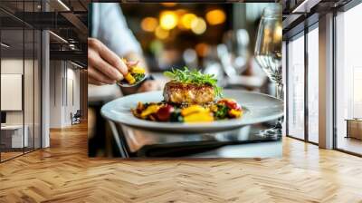 Chef presenting a gourmet dish to restaurant guests at a fine dining establishment. Wall mural