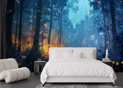 Dreamlike forest illustration with glowing fireflies and a starry night sky Wall mural