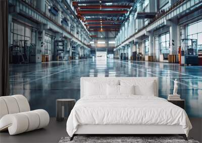 Frontal view of empty, spotless factory floor with industrial equipment Wall mural