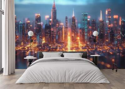 Futuristic cityscape emerging from a smart device screen, illustrating urban technology integration Wall mural