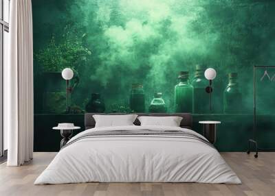 Mystical halloween wallpaper featuring a witch's potion shelf with spooky green smoke and enchanted bottles Wall mural