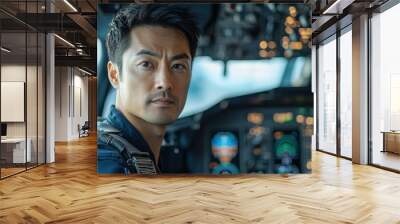 Portrait of a focused Asian pilot at the controls on a cool, steel grey background with free copy space Wall mural