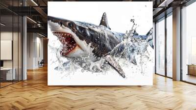 Stuffed shark eating simulated fish, splashing water effects, isolated on white Wall mural