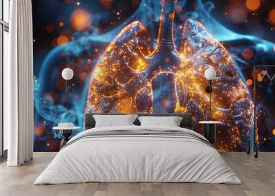 Visual representation of asthma in human lungs, bronchial tubes constricted with highlighted areas Wall mural