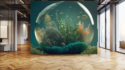 Abstract biosphere in a bubble. Ecosystem in a fish bowl. Environmental background wallpaper with fish and coral. Wall mural