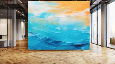 Abstract colorful paint texture background. Blue water and sunset waves art. Paint brush strokes wallpaper. Wall mural