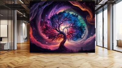 Abstract colorful swirl galaxy into a fantasy magical tree. Enchanted night cosmos design. Star nebula silhouette. Wall mural