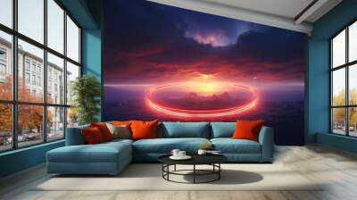 Abstract neon light cloud formation. Sphere in the sky over sunset landscape. Glowing aura circle in the sky. Cloudscape weather storm. Wall mural