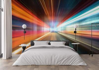 Abstract neon lights in motion. Long exposure bright colors background. Glowing wallpaper.	 Wall mural