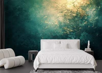 Abstract textured background wallpaper. Colorful paint wall with starry night colors. Underwater sunbeam in teal and gold. Wall mural