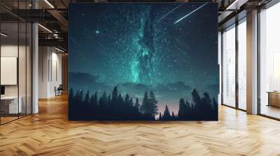 Abstract time lapse night sky with shooting stars over forest landscape. Milky way glowing lights background. Wall mural