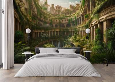 Ancient Hanging Gardens of Babylon. Plants and waterfalls in ancient temple. Wall mural