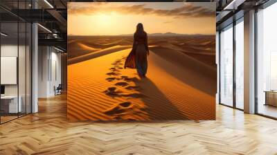 Arabian woman walking in the desert dunes of Egypt. Saharan landscape. Travel to the arid sand dunes at sunset.	 Wall mural