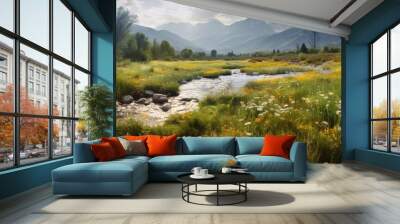 Beautiful landscape with meadow, stream, and mountains. Snow capped peaks and flower fields near a babbling brook. Wall mural