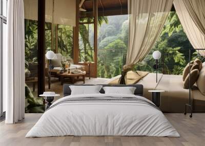 Beautiful outdoor views. Patio hotel room in Bali jungle. Ocean shoreline landscape. Bedroom furniture with vegetation. Travel vacation. Wall mural