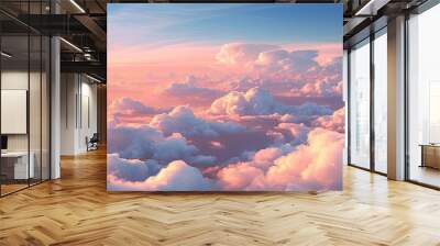 Beautiful pastel cloudscape. Fluffy clouds in the sky. Horizon from a plane. Weather and overcast dawn.	 Wall mural