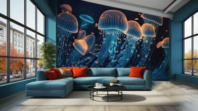 Bioluminescent jellyfish glowing purple and blue in the ocean. Sea creatures marine life swimming underwater. Wall mural