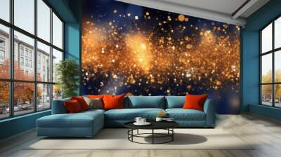 Blue and gold abstract glitter bokeh background. Holiday texture confetti celebration wallpaper.  Wall mural