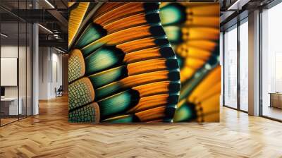 Butterfly Wing. Closeup butterfly wing orange, black, and green. Iridescent, background wallpaper texture. Wall mural