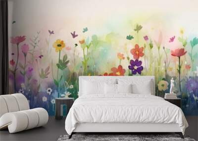 Colorful watercolor abstract flower meadow background. Rainbow wildflower wallpaper. Wall mural