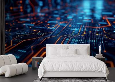 Data technology abstract computer connection. Internet communications across web networks. Embracing technology circuit board micro chip. Wall mural