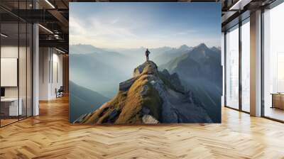 Hiker at the summit of a mountain overlooking a stunning view. Apex silhouette cliffs and valley landscape Wall mural