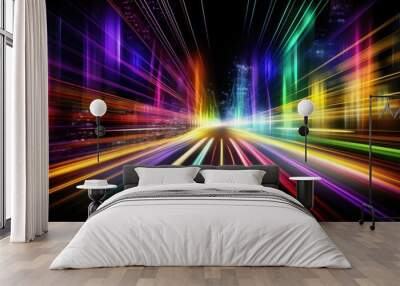 Information super highway. Neon streaming lights. Speed an motion on the road. Futuristic cityscape skyline. Wall mural