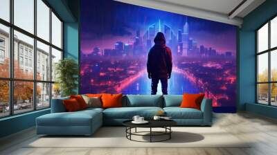 Lone hacker looks over a technological future city landscape. Abstract computer data transfer. Neon lights with silhouette of a person overlooking their domain. Wall mural