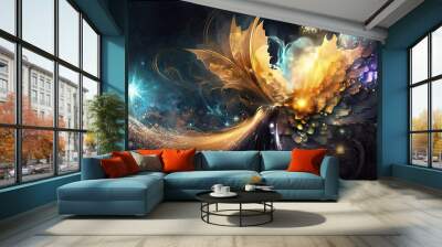 Magical fantasy abstract swirling fairy dust. Sparkling glowing surreal explosion in the air on a black background. Space galaxy imagination cosmos wallpaper Wall mural