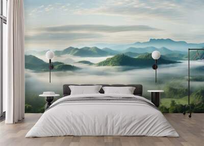 Panoramic jungle landscape with mountains and mist. Rainforest aerial view. Beautiful fog in the morning. Wall mural