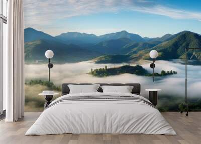 Panoramic jungle landscape with mountains and mist. Rainforest aerial view. Beautiful fog in the morning. Wall mural