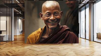 Portrait of a happy Buddhist monk in prayer. Kind man smiling. Asian meditation. AI generated. Wall mural