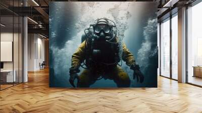 Scuba deep sea diver swimming in a deep ocean cavern . Underwater exploration. Into the abyss. Wall mural