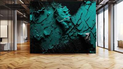 Teal abstract distressed cracked crumbling wall. Concrete rough textured background. Stone surface. Wall mural