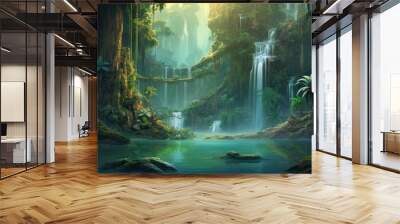 Tropical rainforest waterfall in the jungle landscape. Palm trees pond misty morning flowers and tropics. Wall mural