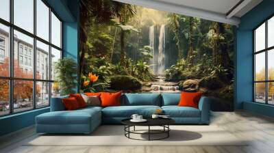 Tropical rainforest waterfall in the jungle landscape. Palm trees pond misty morning flowers and tropics. Wall mural