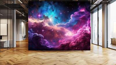 Universe, galaxy, space background. Nebula, planets, starts, suns, and planets colorful wallpaper. Science, astronomy telescope view. Wall mural