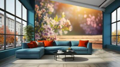 Beautiful spring cherry blossom banner created with generative Ai technology Wall mural