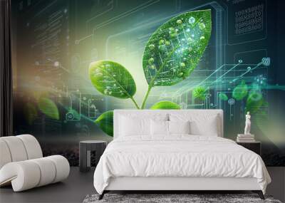 Green sprout on a computer chip. Organic digital background created with generative Ai technologies Wall mural