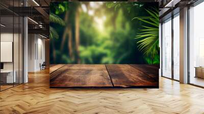 Jungle and wooden table background created with generative Ai technologies Wall mural