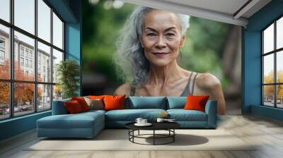 Portrait of beautiful middle age gray-haired woman created with Ai generative tools Wall mural