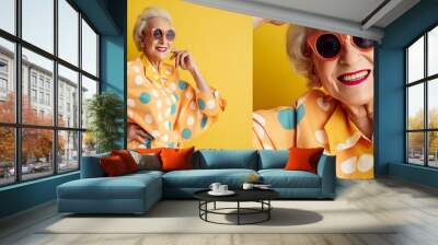 Trendy fashion funny old person in bright colored elegant clothes created with ai generative tools Wall mural