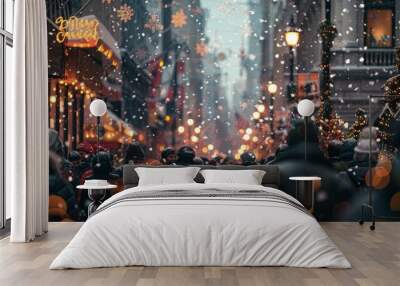 Experience the enchanting Christmas magic on a bustling snowy city street filled with joyful crowds and sparkling lights, capturing the festive spirit and winter charm of the season Wall mural