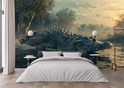 Giant Crocodile Emerges from Mystic Swamp's Depths Fantasy  wallpaper Wall mural