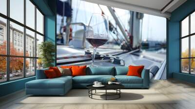 a glass of red wine on the deck of the yacht Wall mural