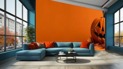 Real Jack O Lantern for halloween on orange background - generative ai Wall mural