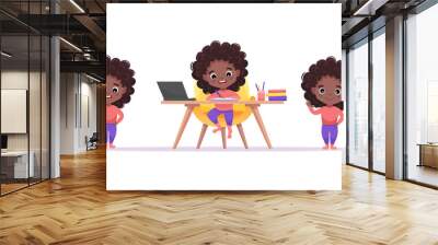 African American cute girl set with afro hairstyle and different gestures and poses isolated on white background. Girl study at the table at home. Cartoon vector illustration Wall mural