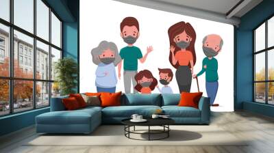 Coronavirus in whole world. White family in medical face mask. Concept of coronavirus quarantine 2020. Protect your family and prevent the flu, vector flat cartoon illustration. Wall mural