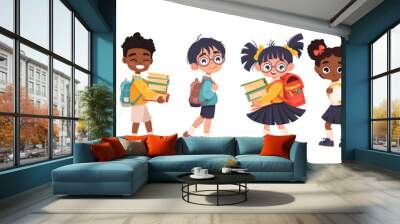 Cute children going to school together. Little different kids are happy to be back to school. Flat vector illustration isolated on white background Wall mural