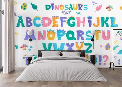 Cute Dino font with alphabet letters, dinosaurs, signs and numbers. Character collection in hand drawn cartoon style for your design, nursery or kindergarten banners and posters. Vector illustration Wall mural